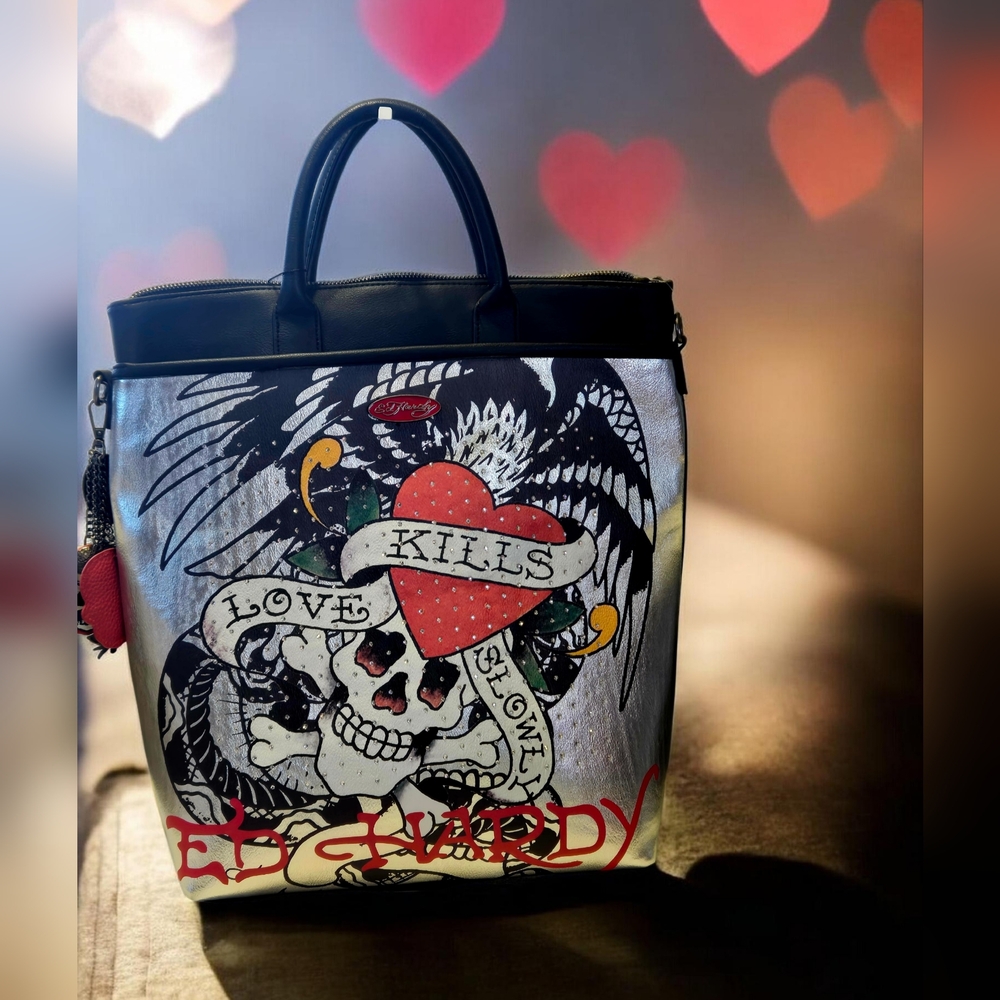 Ed Hardy Love Kills Slowly Large Black with Charms and Rhinestones Tote Bag NWT